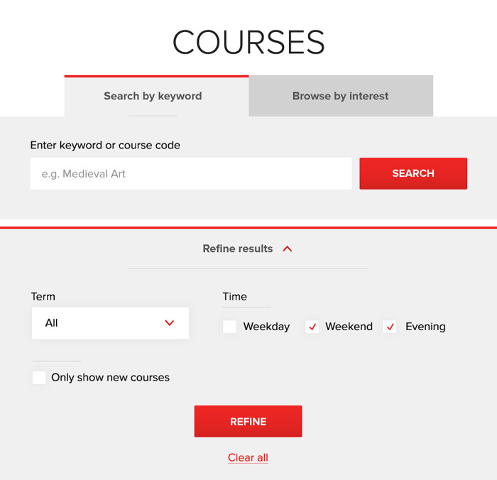 The various filter options available on the Morley College London website