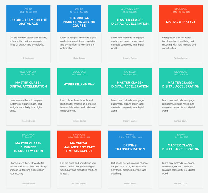 A screenshot of the Hyper Island website showing the course listing items