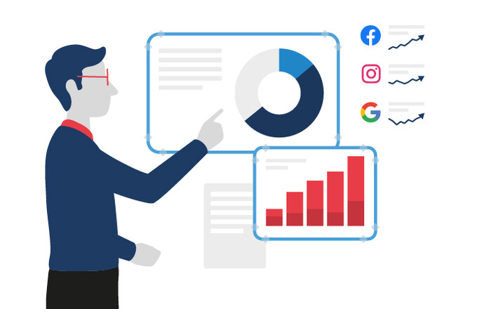 Man pointing at graph to signify digital marketing forecasting.