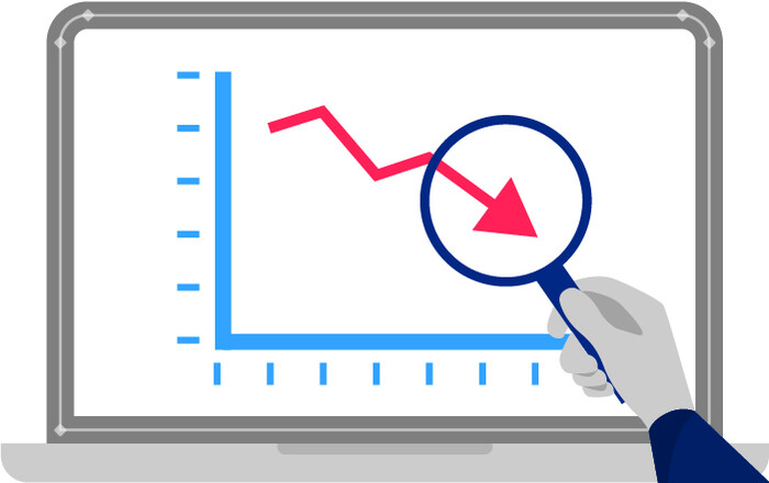 Magnifying glass hovering over Google Analytics graph.